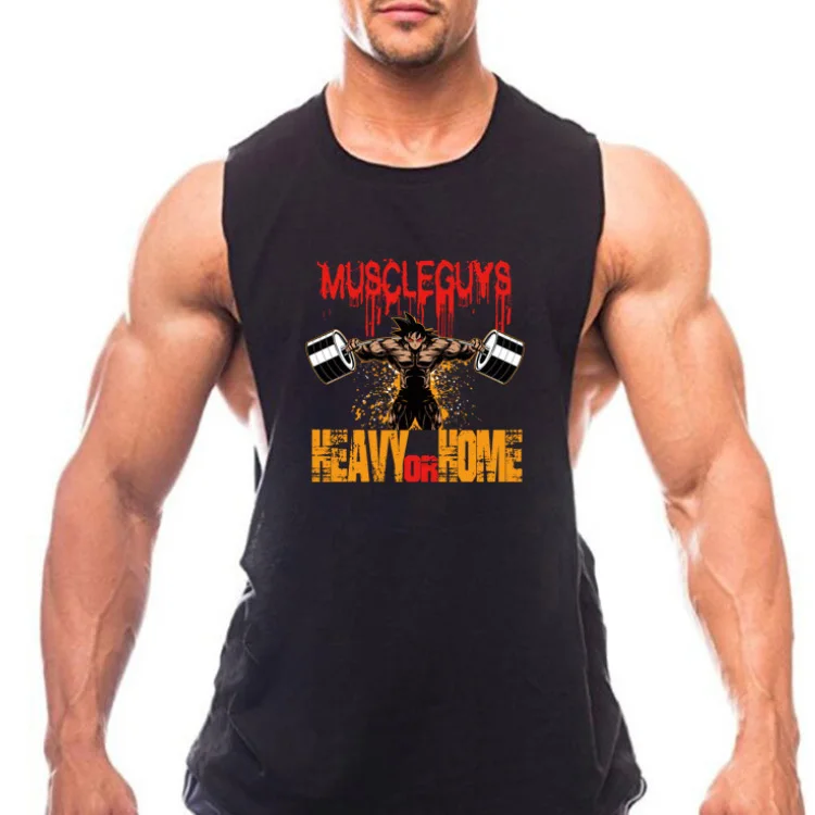 New men summer Muscular man elastic force Breathable GYM clothes printing Anime pattern Fitness Loose sleeveless Tees vest