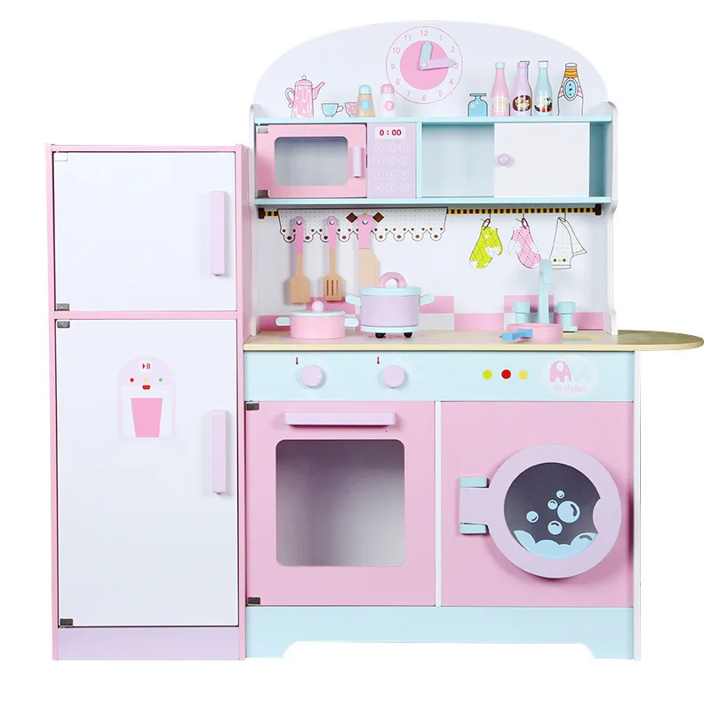 Wooden Big Kitchen Toys Pretend Play Kitchen Refrigerator Toy for Kids Factory Direct Pink Funny Educational Toy Girls Color Box