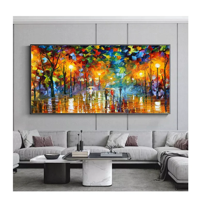 100% Real Hand Painted Thick Texture People Walking on the Street Landscape Oil Painting on the Canvas for Home Wall Art Decor