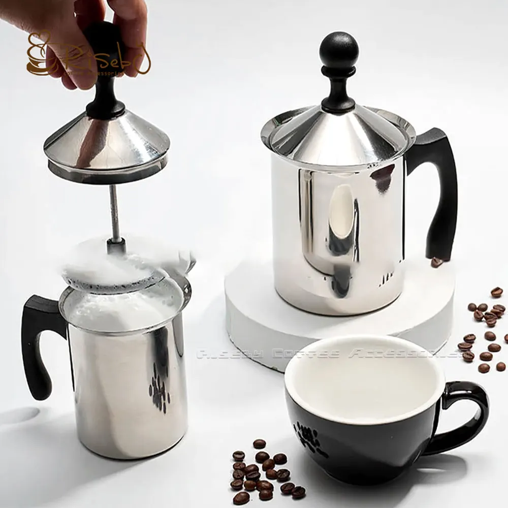 400/800ml Hand Pump Manual Milk Frother Stainless Steel Double Mesh Milk Foam Maker Latte Coffee Mixer Stirring Cup with Handle