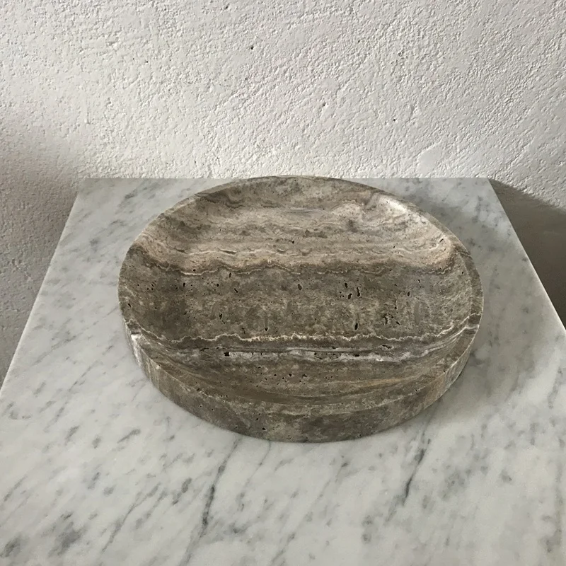Silver grey travertine tray dia30x3cm thin edge travertine round tray