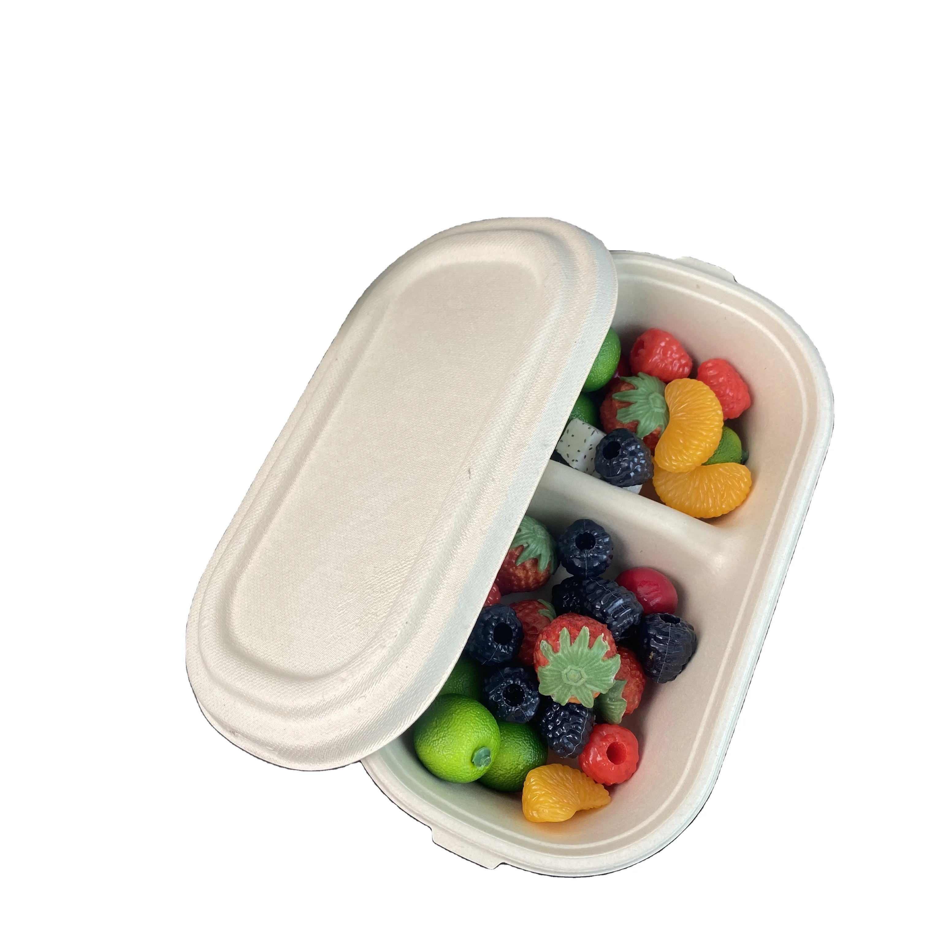 customizable 2 compartment salad Bowl  with lid Disposable and compostable dinnerware sets Biodegradable food packaging bagasse