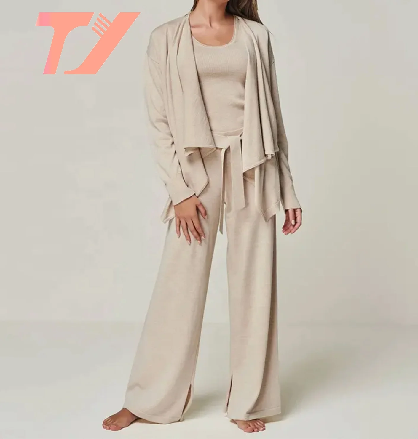 TUOYI Custom 100% Wool 3 Piece Woman Pajamas Knitted Cardigan Sweater Tops And Pants Loungewear Set For Women