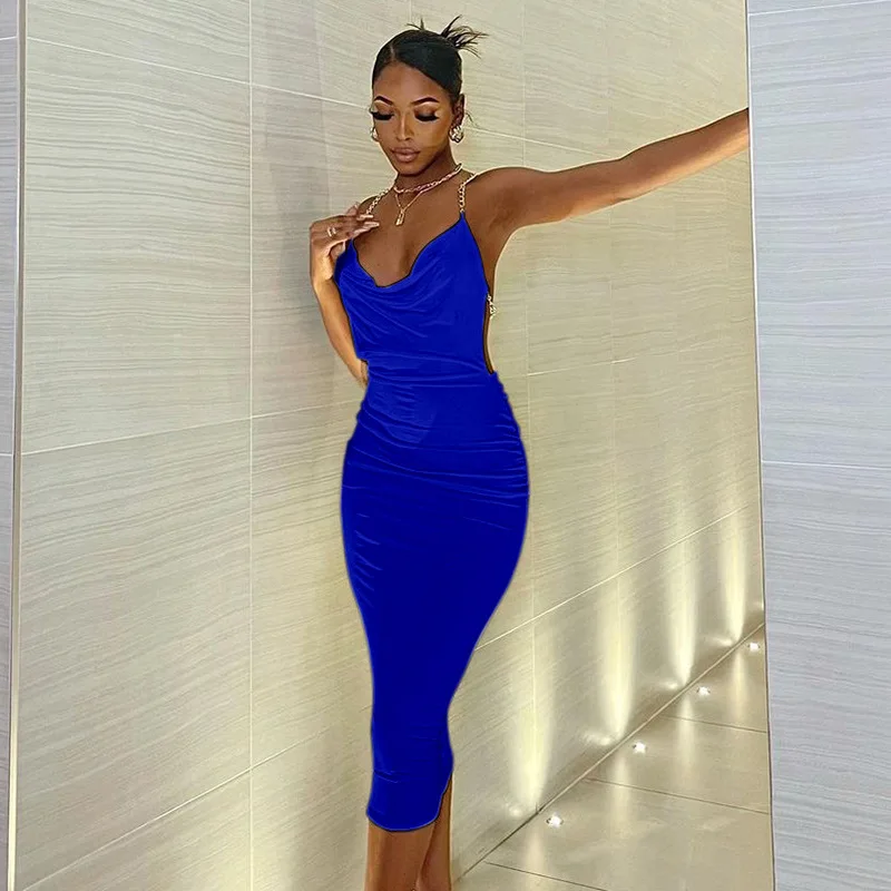 Sexy Backless White Dresses For Women 2022 Chain Ruched Black Party Long Dress Female Solid Cami Bodycon Club Midi Dress