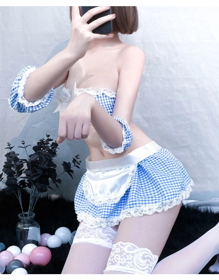 
Sweetheart Little Maid Blue Plaid Nightdress Girl Lace Uniform Chef Apron Cosplay 
