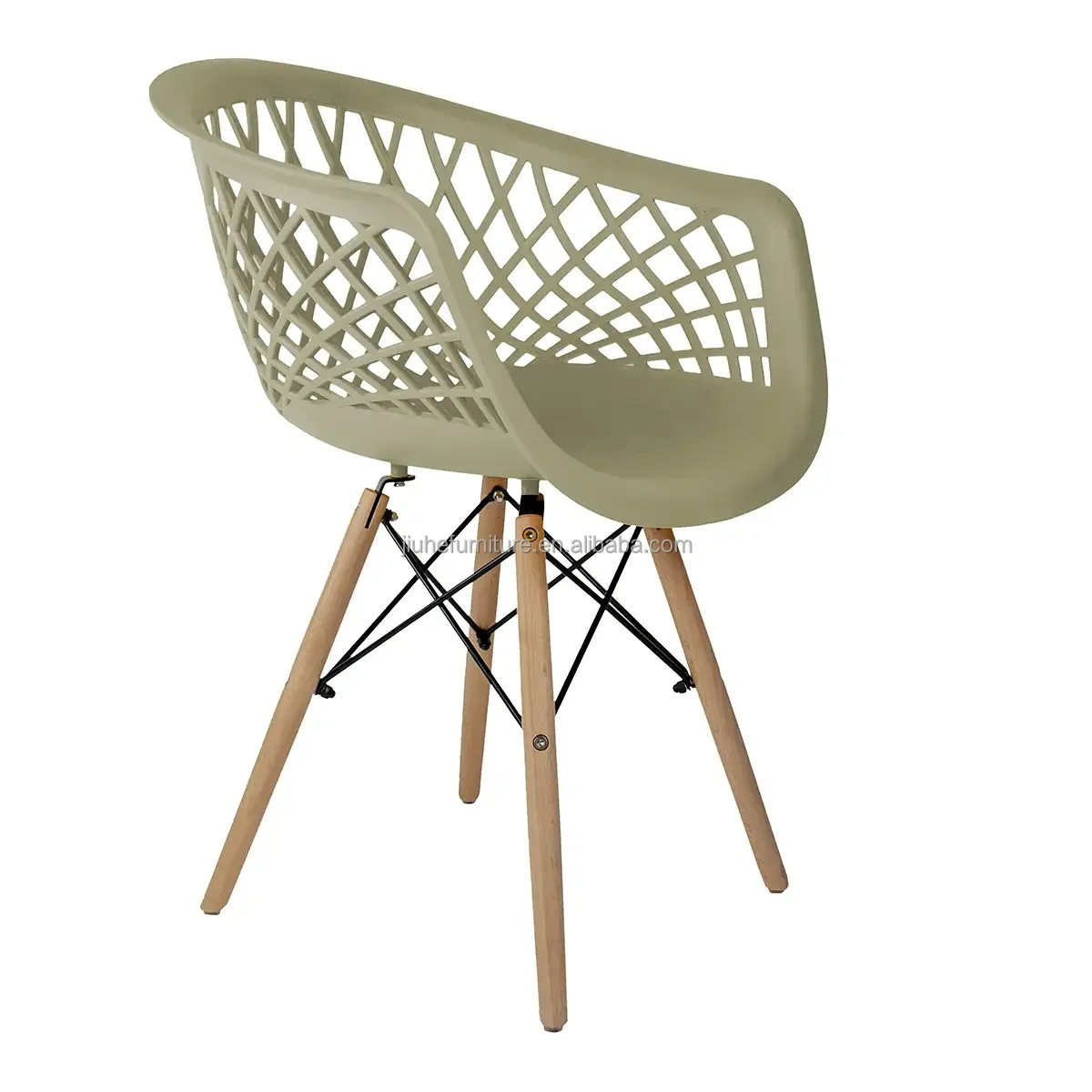 New design beige net web polypropylene dining chair with beech wood leg