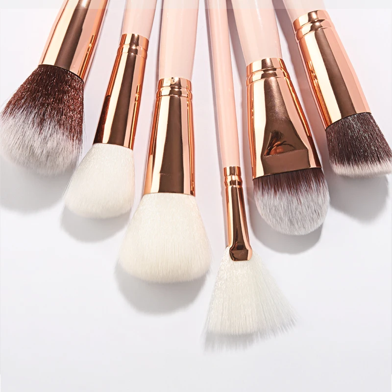 LOW MOQ Customized 15pcs Rose Gold Pink Private Label Vegan Make Up Tools Powder Foundation Eyes Brush Makeup Brush Set with bag
