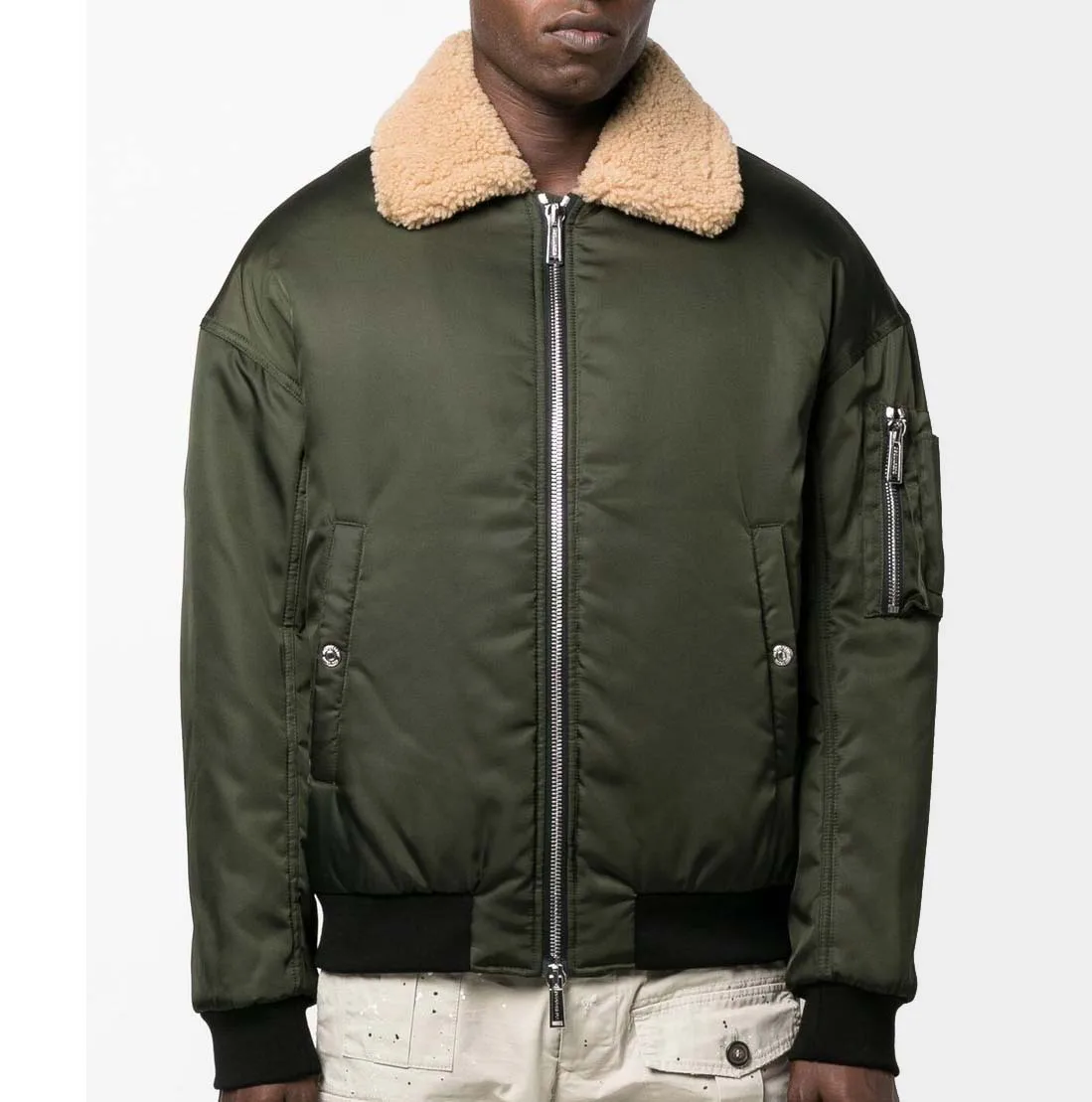 Custom Logo Outdoor Winter Oversized Zip Up Green Flight Satin Bomber Jackets With Fur Collar