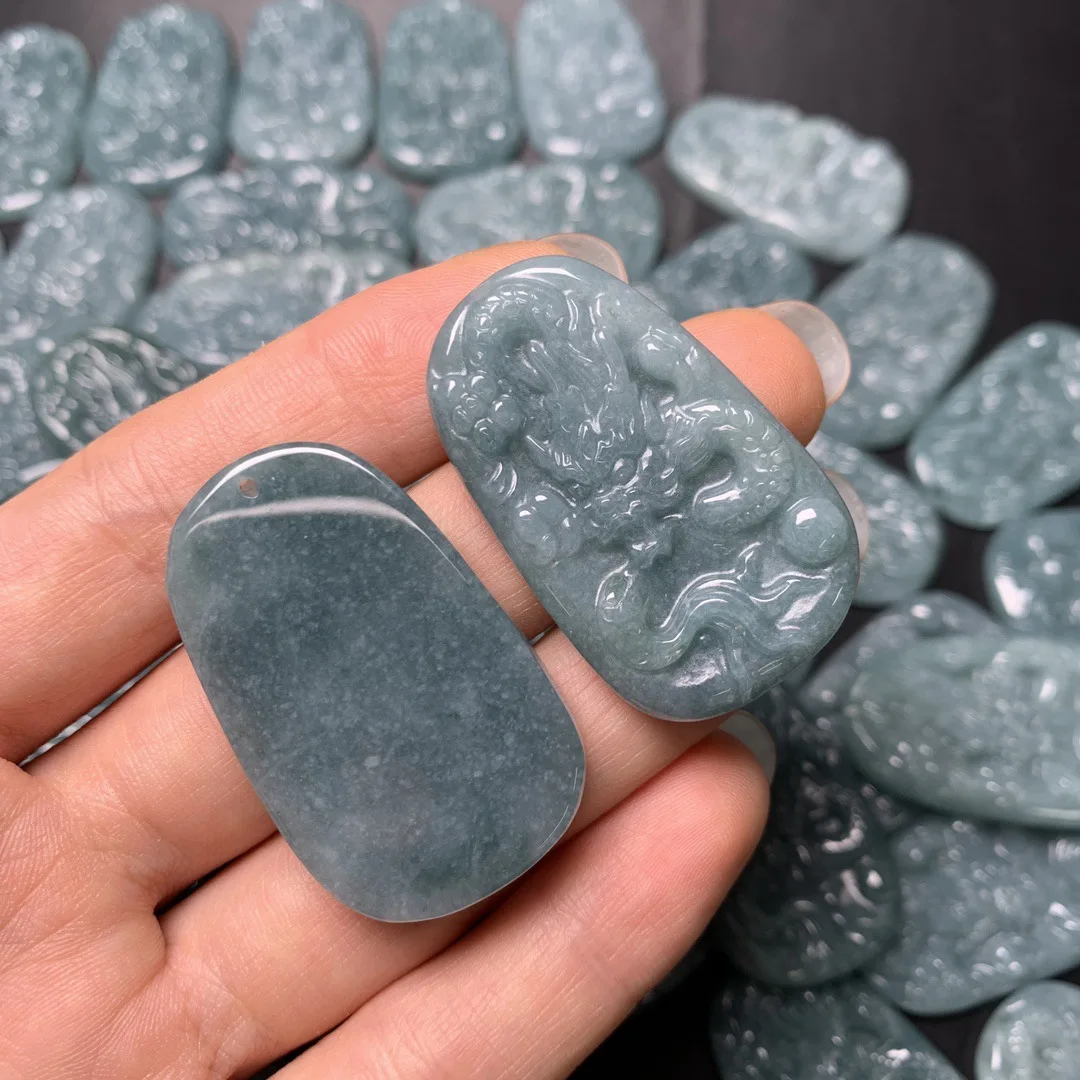 38mm Jade Dragon Pendant Natural Myanmar Blue Bruma Jade Dragon Jadeite Jewelry Making Pendant Chinese Classical