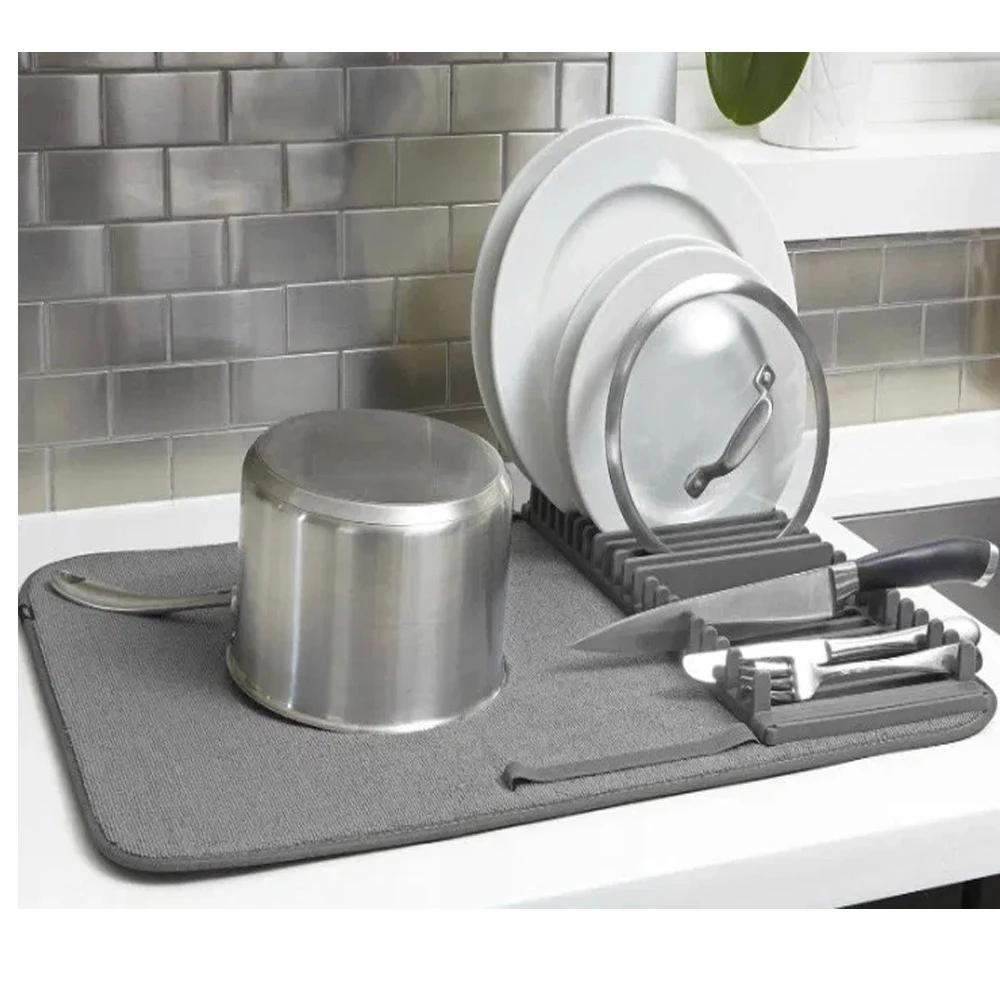 Kitchen Countertops Dish Drying Rack With Microfiber Mat