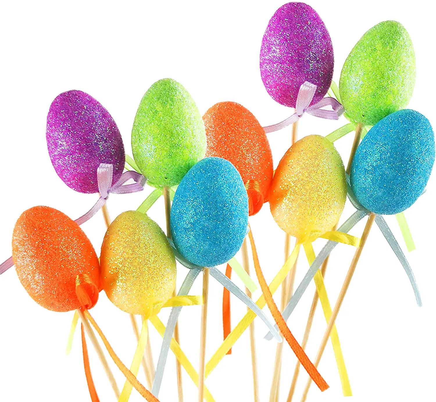 
Glitter Easter Egg Picks Foam Crafts Wooden Stake Decoration Cake Topper Sticks Garden Ornament, Assorted Colors 
