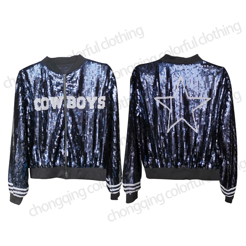 YIZHIQIU Fashion Bomber Navy Dallas Sequin Jackets Women Clothing Cowboys american football nfl jackets