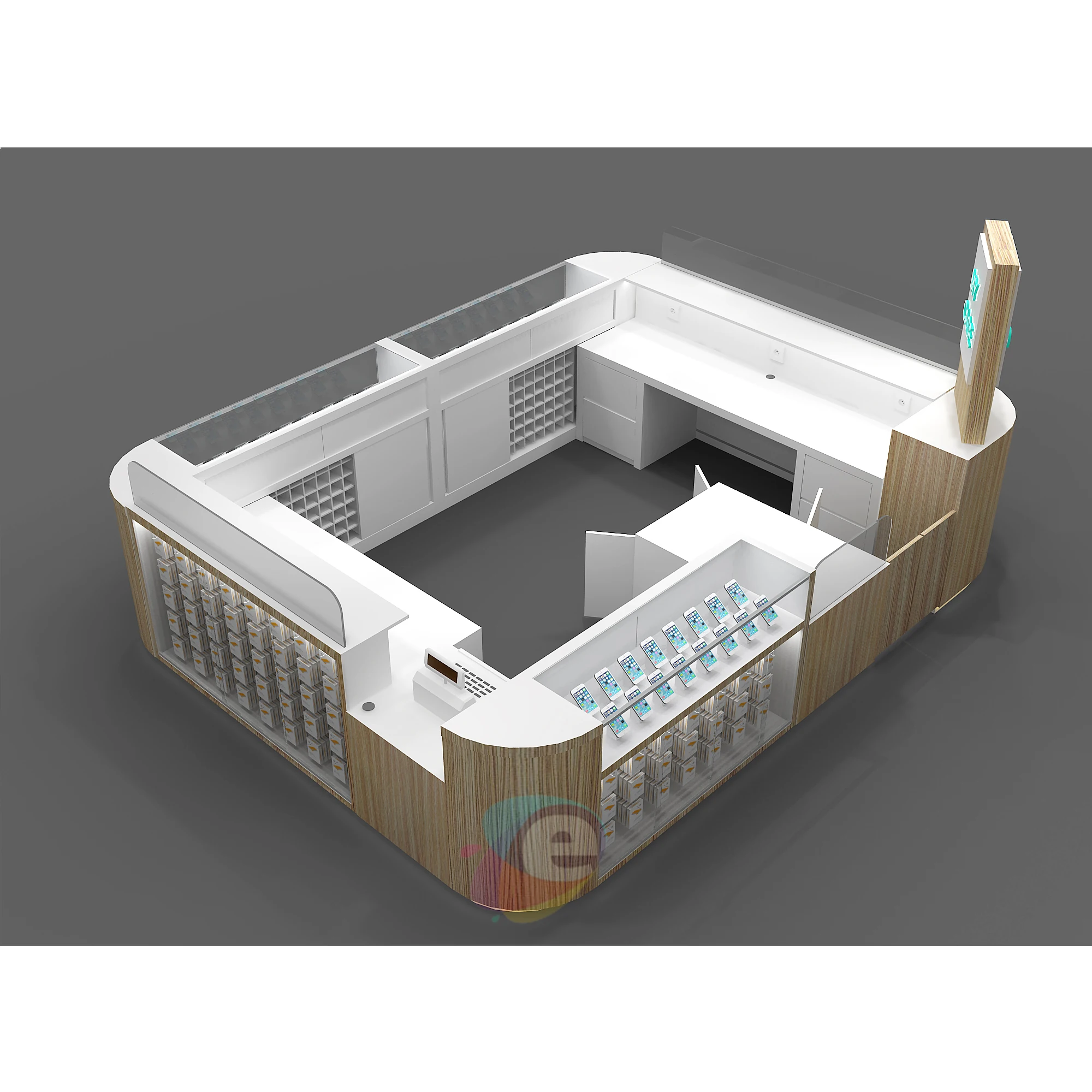 Hot sale phone kiosk with tempered glass shop interior design for mobile phone accessories OEM