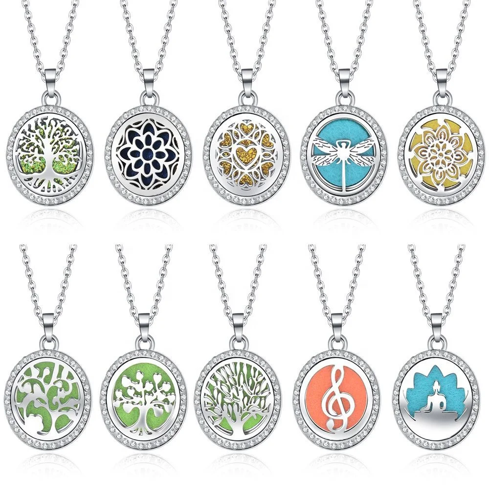 Multiple pattern flower heart butterfly tree of life essential oil diffuser locket pendant stainless steel necklace
