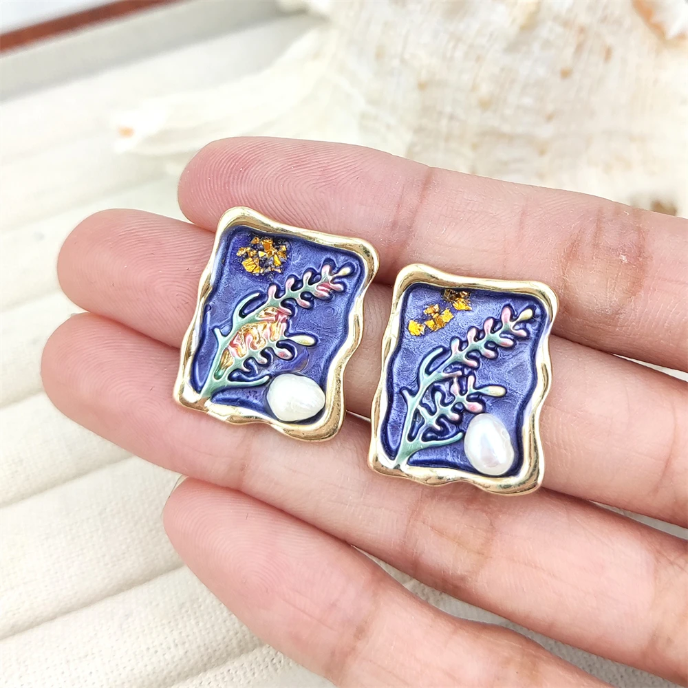 French oil painting style real baroque freshwater pearl pendant elegant flower rectangle earrings gold stud for birthday gifts