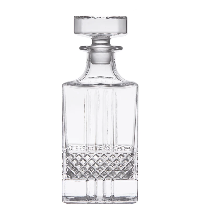 750ML Handcrafted Hot Selling Square Shape Exquisite Carving Clear Glass Spirit Bottle Whisky Vodka Wine Glass Decanter Bottles