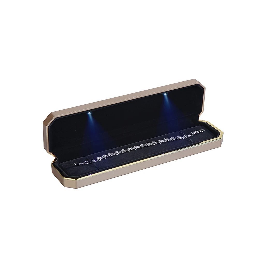 Led light ring box custom logo silkscreen printing gold plastic piano lacquer led jewelry box luxury pendant box