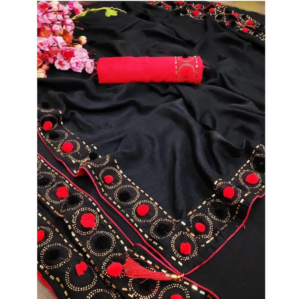 Pom Diamond Work Saree with Blouse Piece Indian Women Wear Festival Sari Cheap Low Price Wholesale Manufacturing Surat Alphanumero