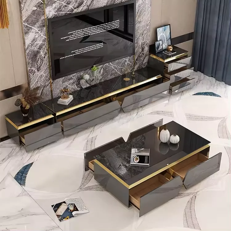 Living room furniture tv cabinets modern luxury tv stand and coffee table set with drawer
