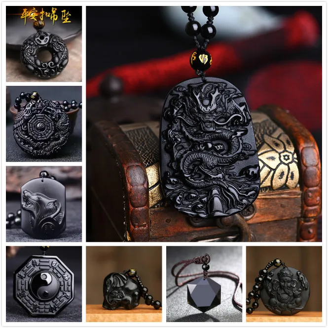 Tarnish Free Waterproof Wolf Head Ruyi Elephant Buddha Beads Stone Black Gossip Pendant Obsidian Necklace Dragon Jewelry For Men