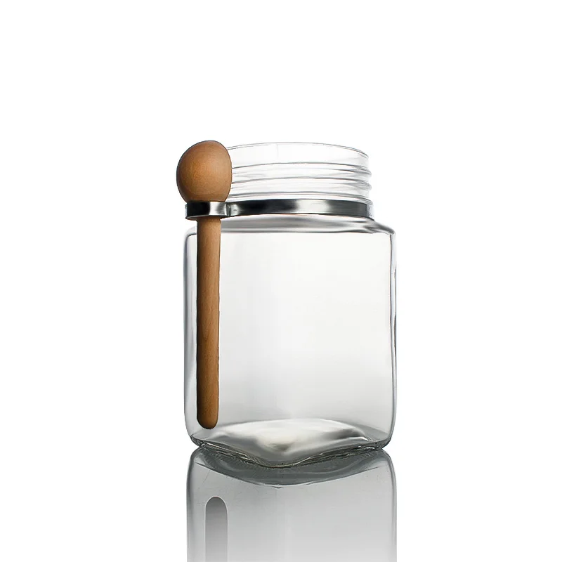 Wholesale Custom 12 oz square Glass Jar With Stainless Steel Metal Cover and Wood Spoon Ring