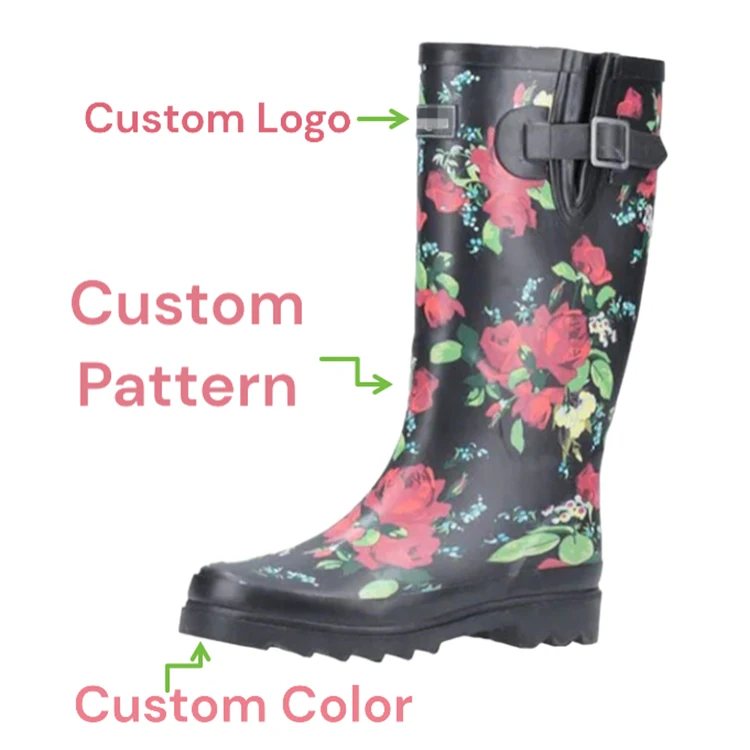 Fashion Adult All Season Flower Printed Rubber Wellies Wellington Waterproof Rain Boots For Women
