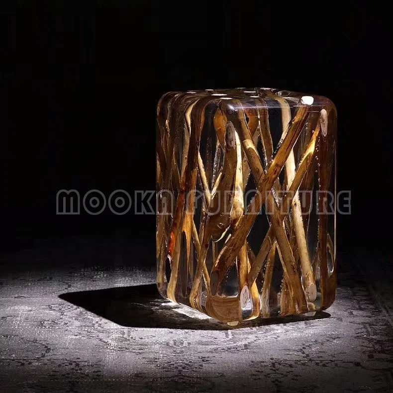 Luxury living room decorations resin chair ideas tree trunk stool wooden bed side table clear crystal epoxy coffee table