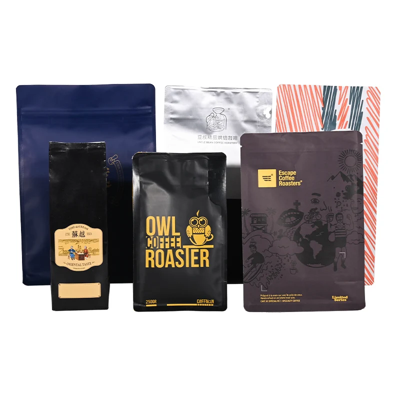 Customize Packaging Bag Stand Up Coffee Bag Flat Bottom Coffee Pouch with Degassing Valve and Reusable Side Zipper
