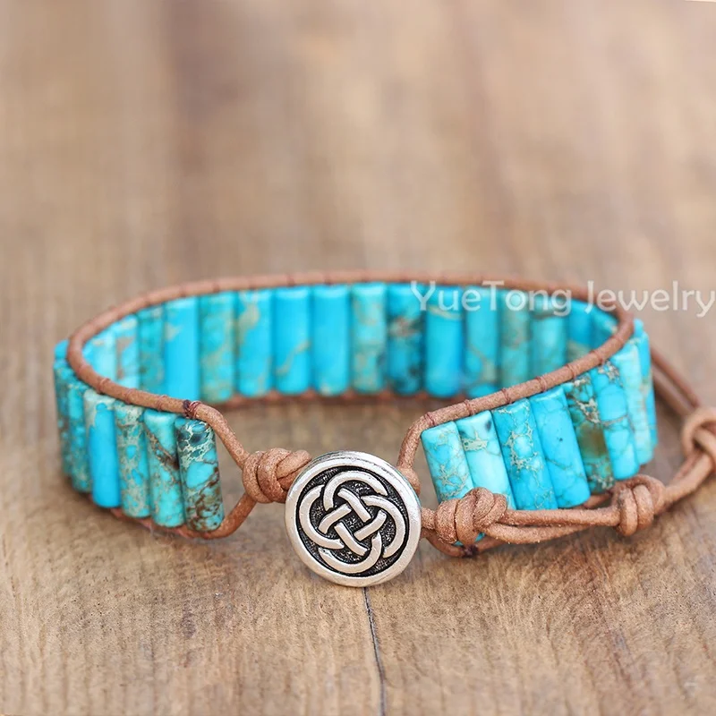 Bohemian Tube Beads Natural Stone Turquoise Leather Wrap Bracelet Women Unisex Multi Colors Handmade Gemstone Jewelry Wholesale