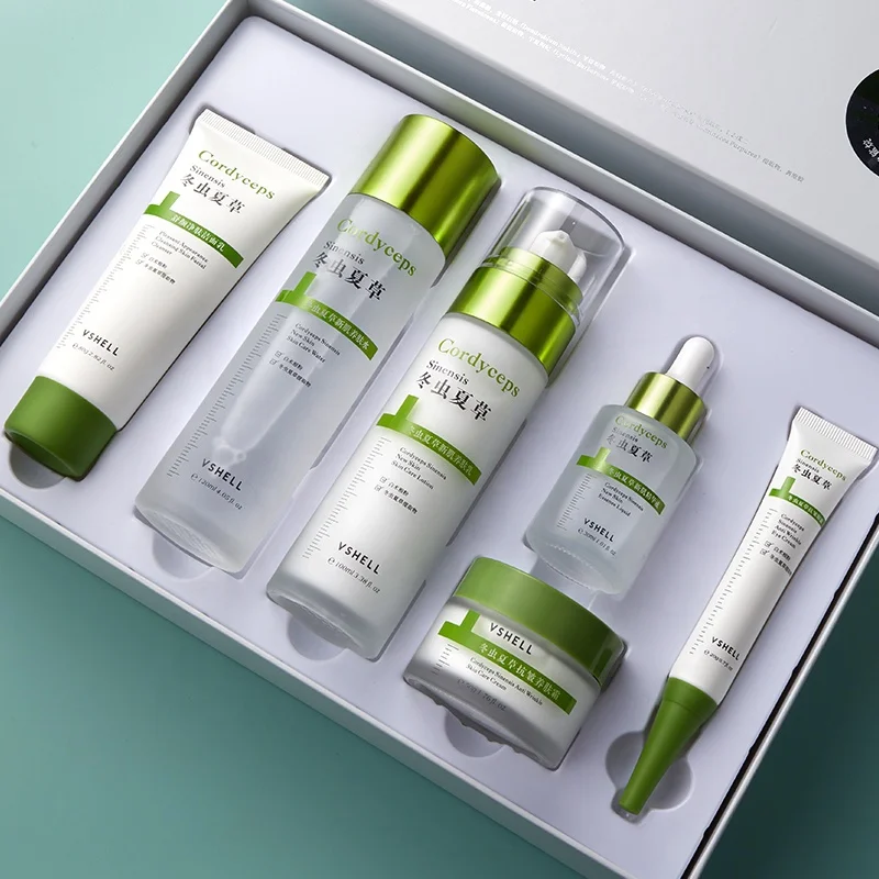 Best Selling Oem & Sale Skincare Packaging Bottles Package Gift Box Wholesale In Stock Care 6 Pcs Kit Cordyceps Sinensis Skin Ca