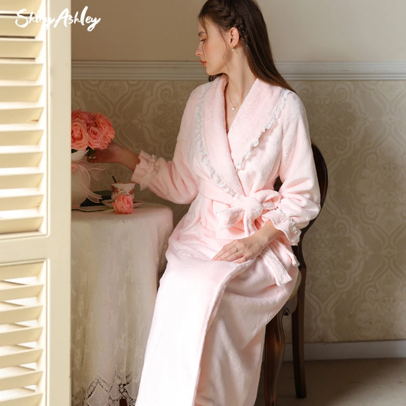 Long bathrobe for autumn-winter Princess with a French superior sense of warm dressing gown for girls with long sleeves pajamas
