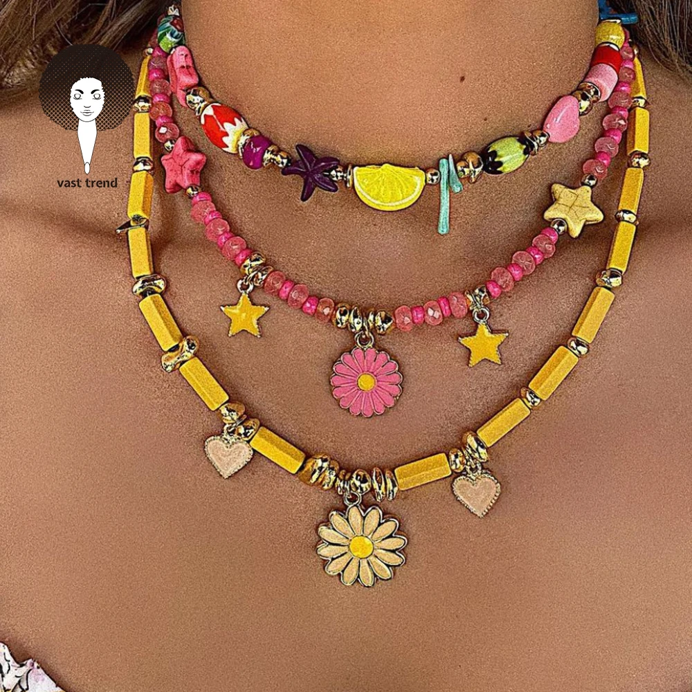 2024 Neutral New Design Boho Color Letters Summer Simple Festive Style Colorful Shell Bead Necklace Multilayer Color Soft Potter