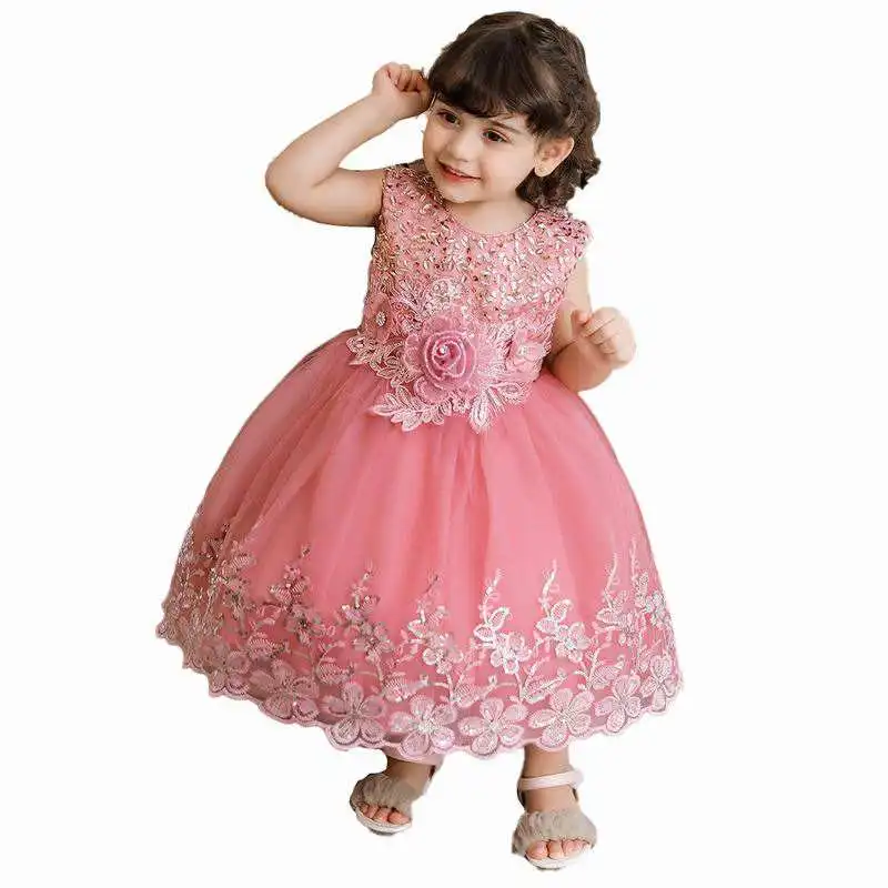 Kids Fancy Embroidery Flower Dress 0-5 Years Old Baby Girl Children Net Frock Design Stylish Wedding Party Dress For Kids