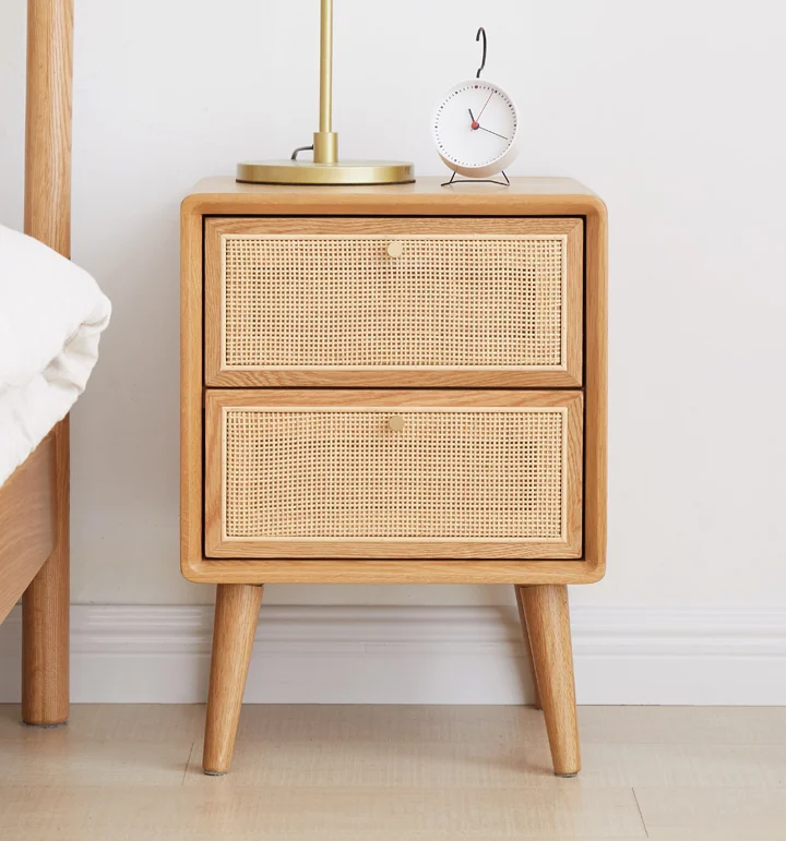 Amazon best selling free sample Factory Supplier Wooden Storage Side Table With rattan drawer for bedroom