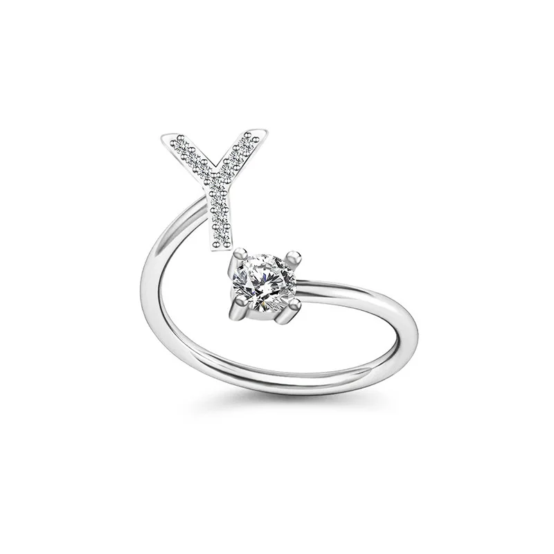 26 Letter Rings for Women Cute Copper Zircon Initial Ring Trendy Dainty A to Z Letter Diamond Adjustable Opening Ring for Gift