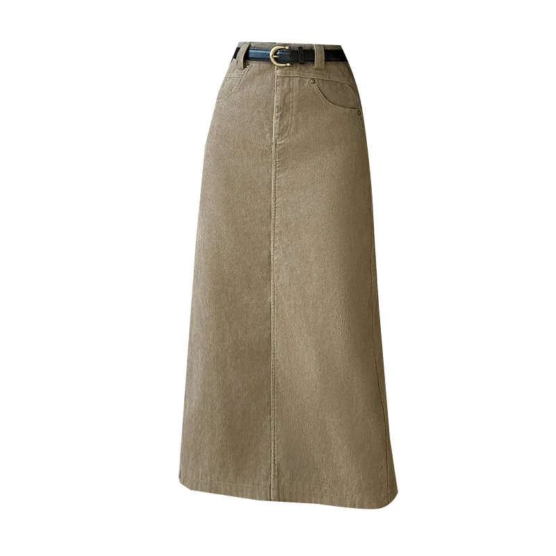 High Waisted Corduroy Skirt for Women Mid-Length with Slim Temperament Retro Hepburn Style for Autumn and Winter