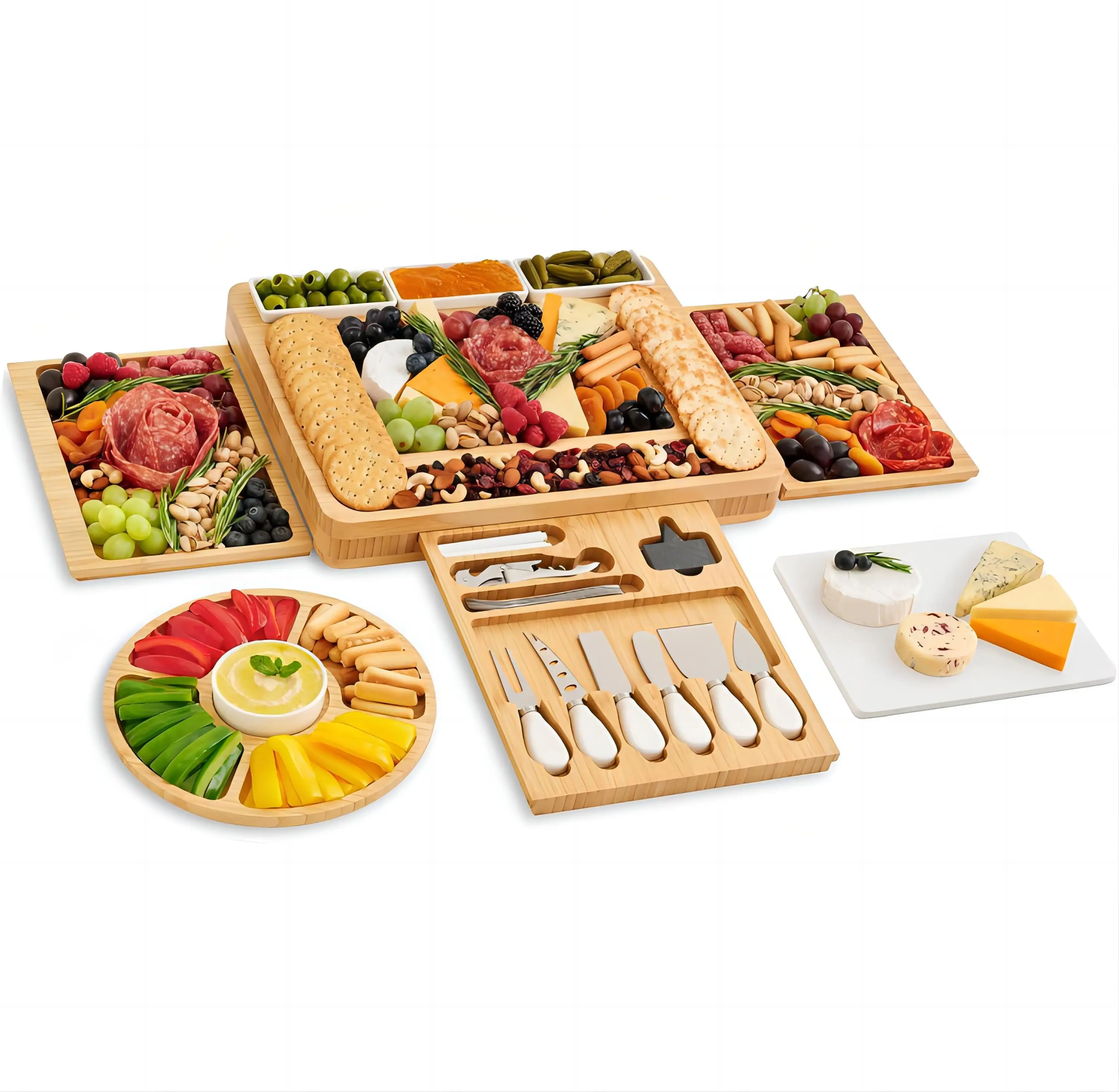 Wholesale Bamboo Cheese Boards Hot Sale Kitchen Natural Chopping Board Meat Plate Set With Slide-out Drawer Knife
