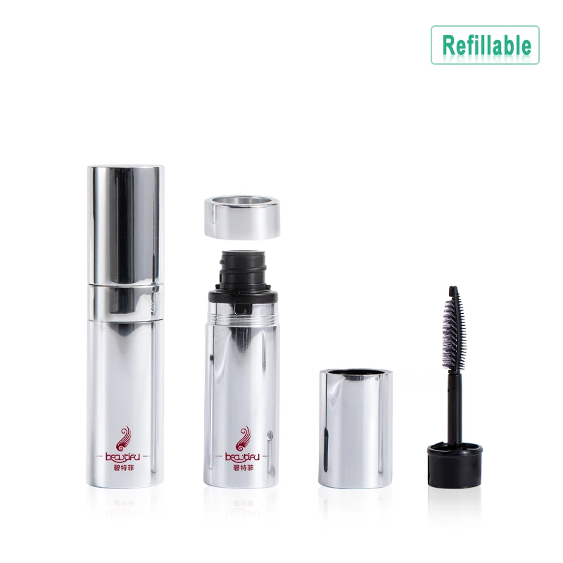 Shiny silver refillable PCR plastic mascara packaging container tube bottle with aluminum shell
