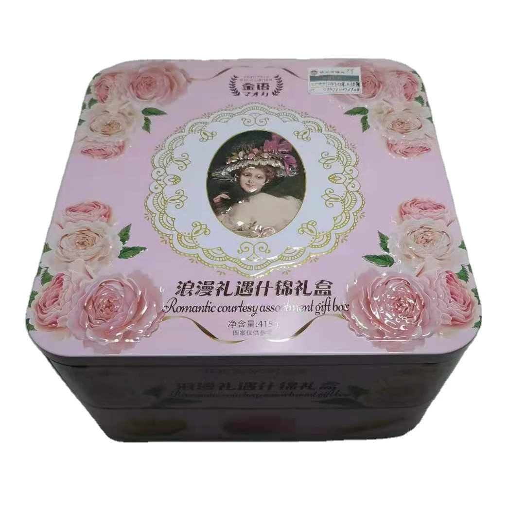 Квадратный Романтический ассортимент подарочных упаковок, металлическая жестяная банка с двойными палубными коробками с логотипом, конфетами или жестяной коробкой для печенья