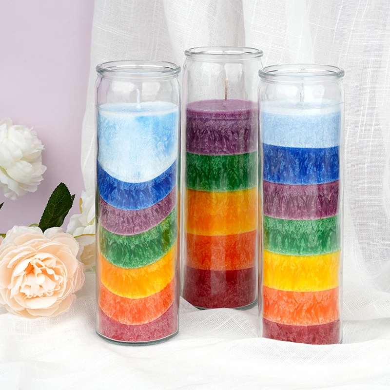 Wholesale Candle Crystalline Wax Customized Gift Decorative Glass Jar Healing Rainbow 7 Chakra Candles