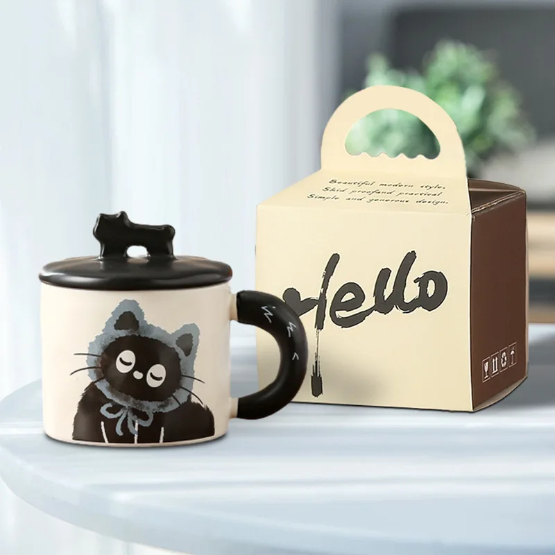 Hot Sale Cat Ceramic Mug Cute cat coffee cup with lid ceramic water cup with spoons good gifts coffee mugs