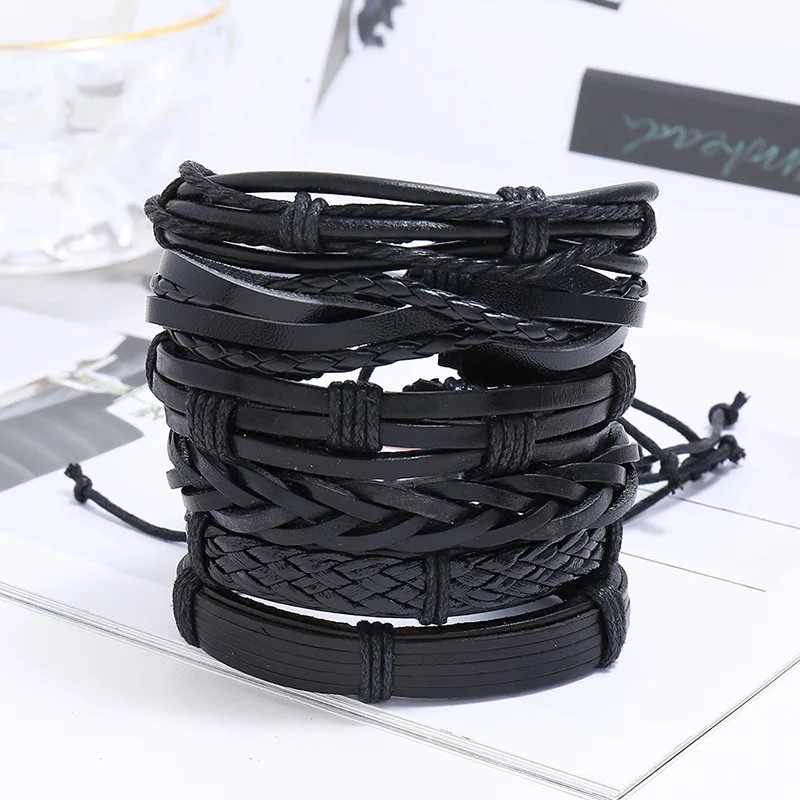 DIY 6pcs in 1 set free size adjustable woven cowhide bracelet genuine leather bracelet set for man for women wholesale men brace
