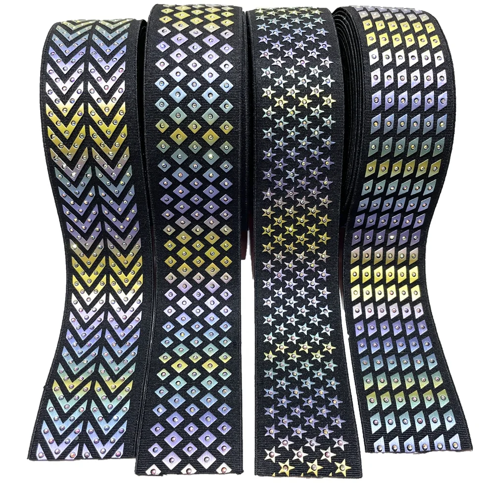 je013  fashion 3.5cm width sequins stretched tape elastic webbing with rhinestone for belt ,shoe and garment