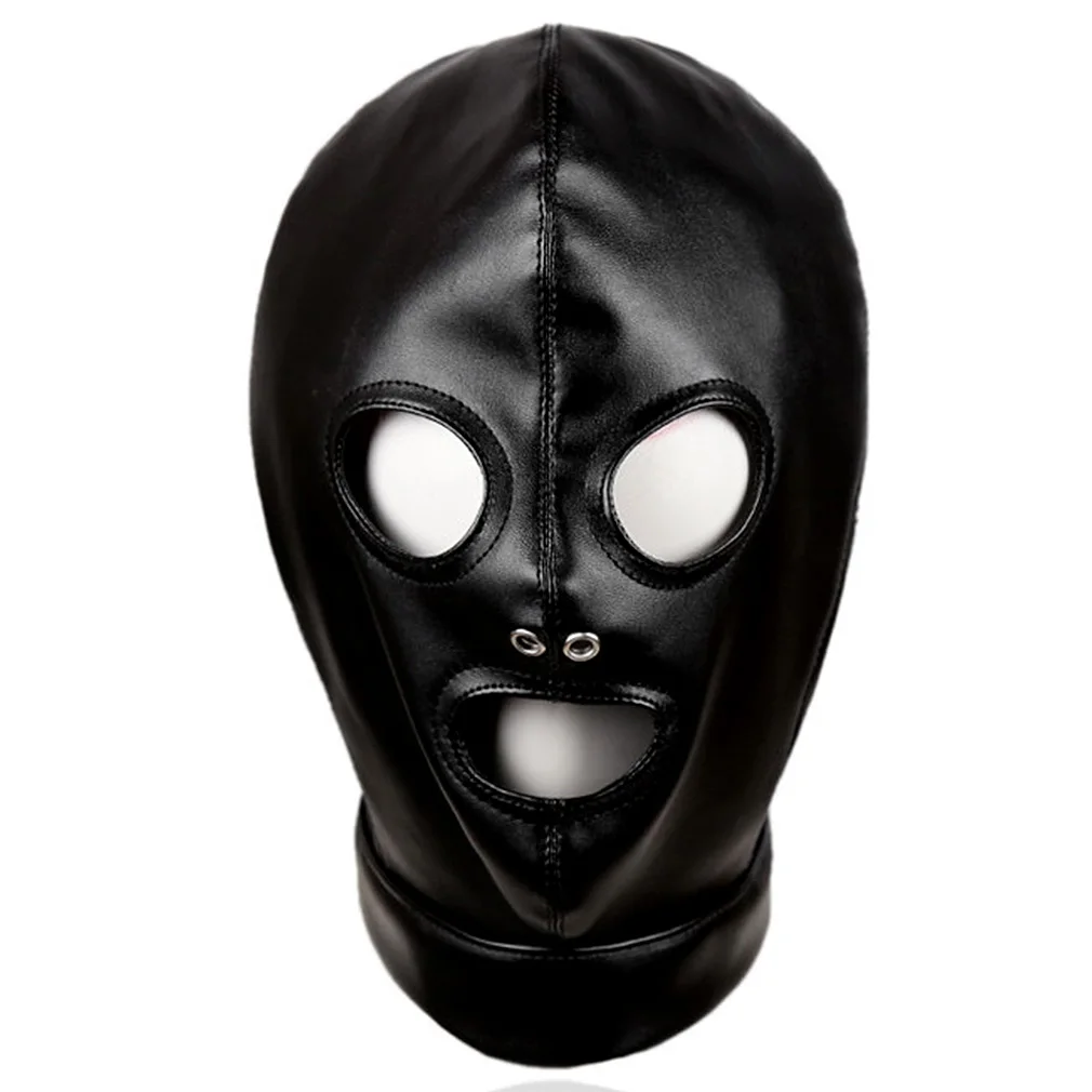 Full Cover Leather Mask Black  Open Eyes Open Mouth Cosplay Costume Hood Unisex Plus Size Underwear