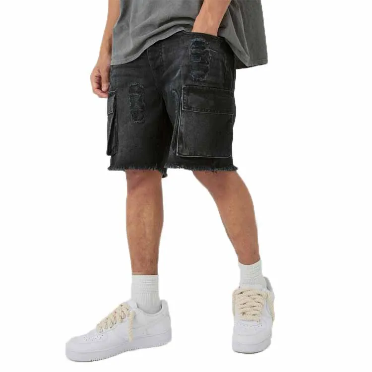 OEM Denim shorts custom raw edge trimmed distressed pocket denim cargo shorts