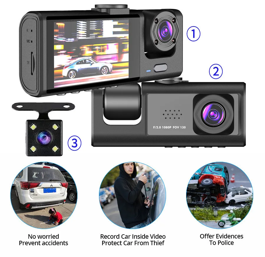 New OEM/ODM 3 Channel Dash Cam 1080P Camera Triple Way Car Video Recorder Dashcam Front and Rear Car Camera with Night Vision