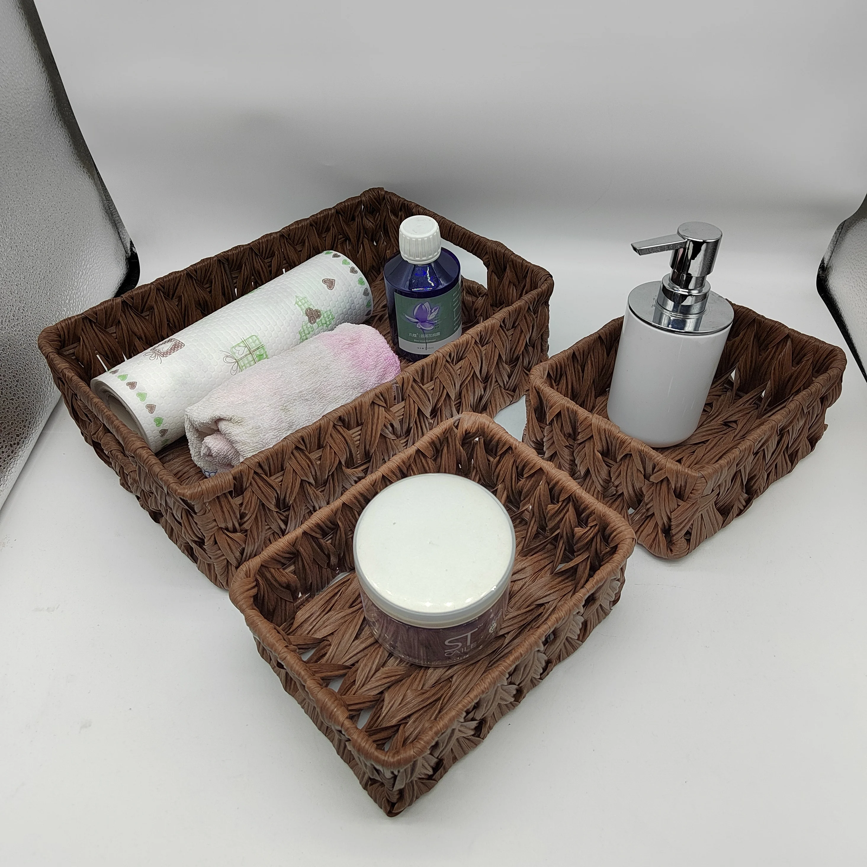 Pack of 3 Wicker Baskets for Storage, 1 Large Wicker Storage Box and 2 Small Wicker Baskets Waterproof, Bathroom Counter Storage