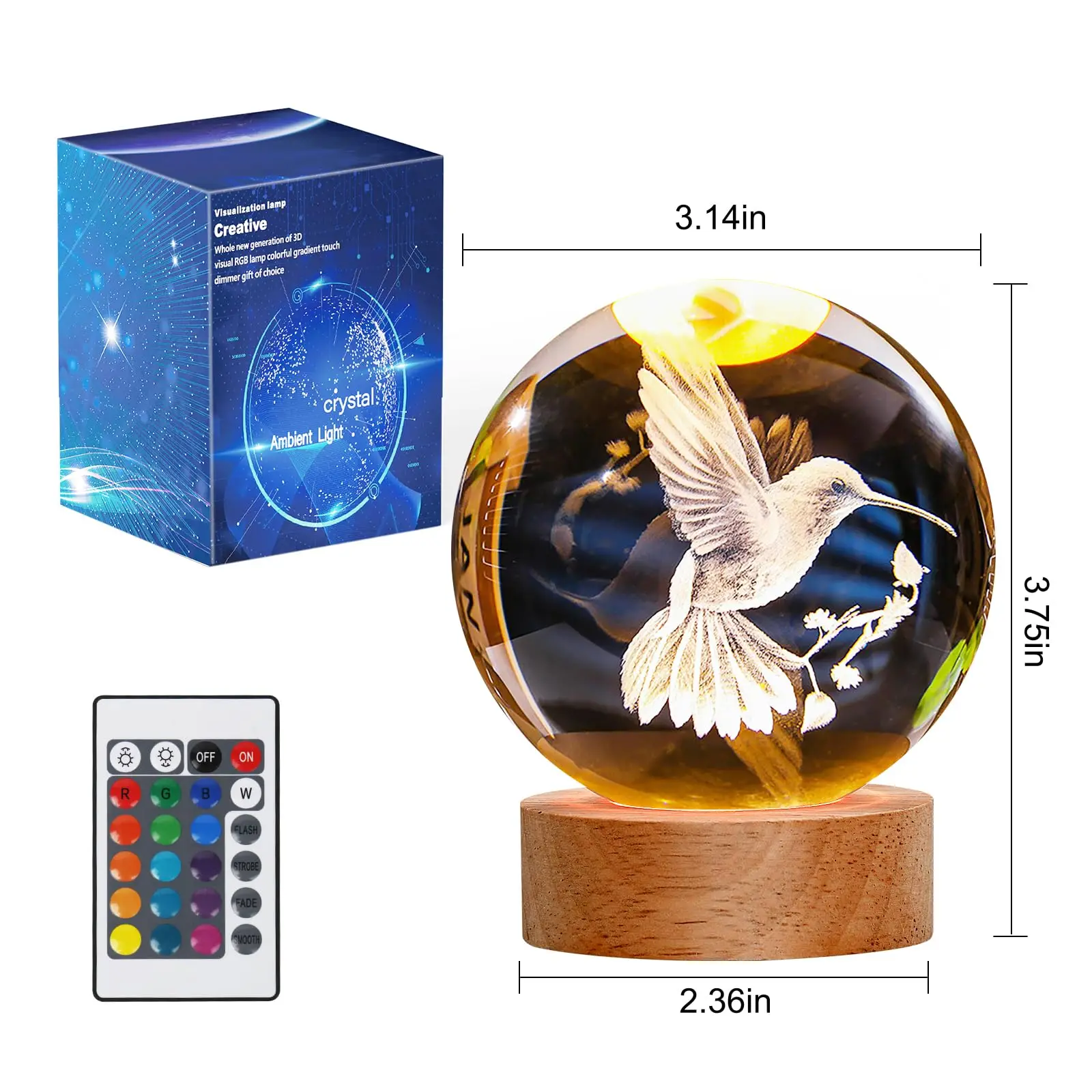 3D Laser Engraved Led Luminous Led Light Crystal Ball 3D Bird Crystal Bird Night Light for Kids Bedroom Decor