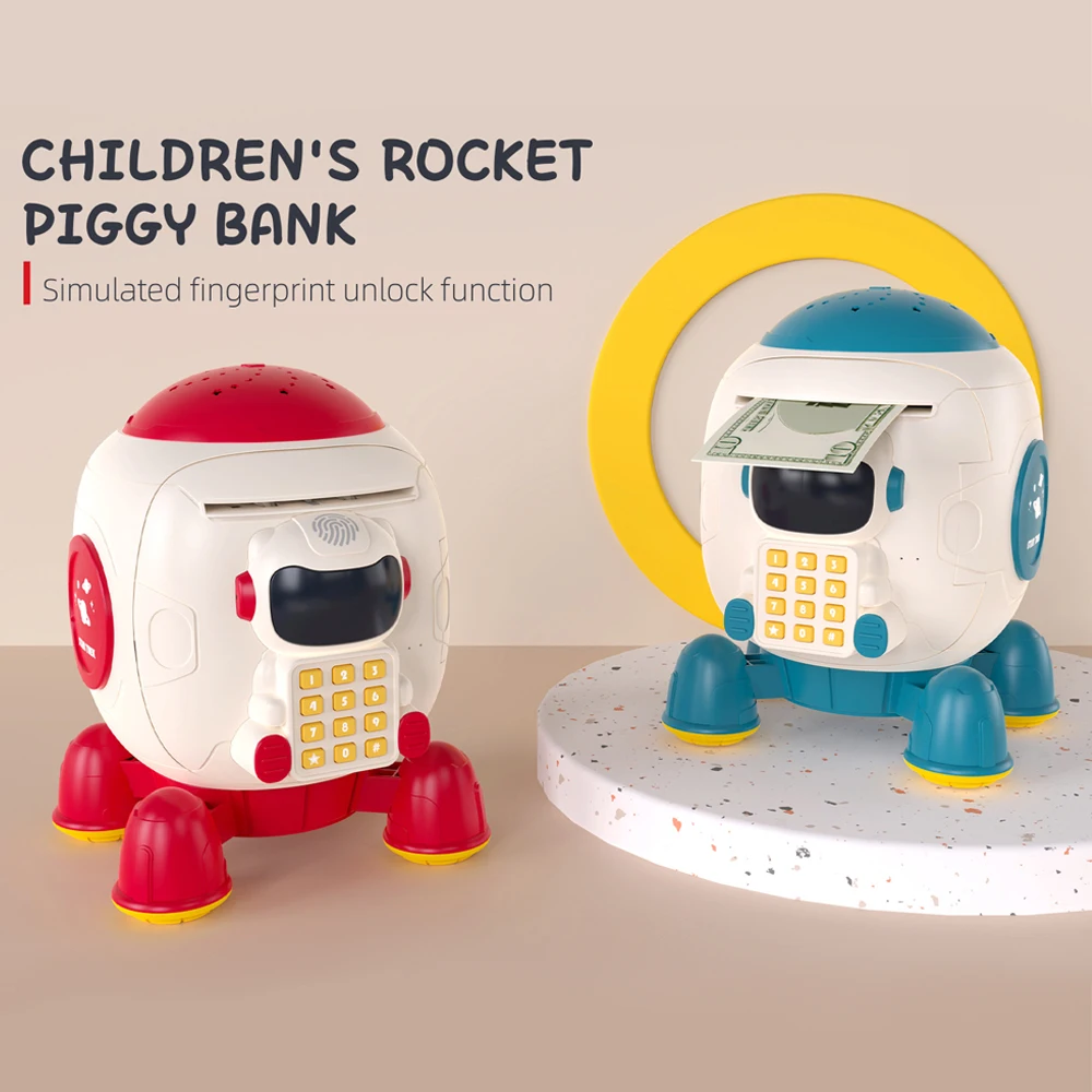 Hot selling product Rocket shaped Electronic Automatic Mini Safe Coin Cash Saving Auto-rolling Money Box Children Piggy Bank toy