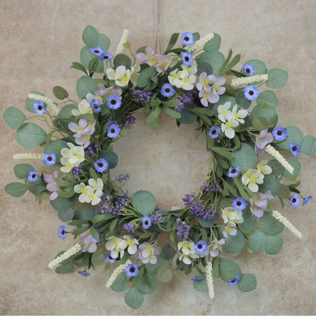 60CM Artificial Small Blue Flower Wreath For Home Door Decor Eucalyptus Leaves Daisy Flower Wreath